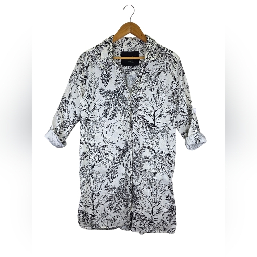 Tahari Women's Tunic Shirt Dress Button Down 100% Linen Costal Leaf Print Size M
